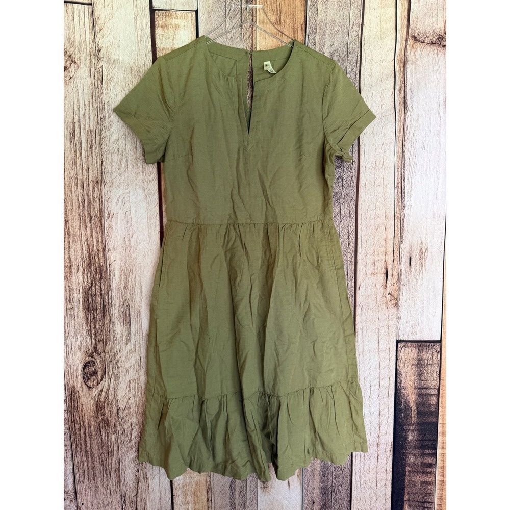 Pact Organic Dress Cotton Linen Tiered Midi Brown Pockets Minimalist Medium